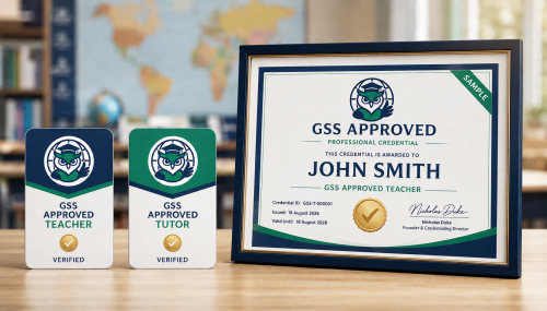 Sample GSS Approved Teacher and Tutor badges with a completed sample professional credential certificate