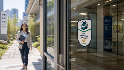GSS Approved School verification sticker displayed on a modern East Asian international school entrance